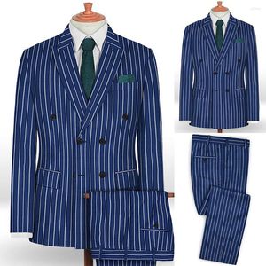 Erkekler Takım Koyu Mavi Erkekler Kişiye Kişisel Yapılmış 2 Parça Blazer Siyah Pantolon Çift Kruvaze Pinstripe Düğün Damat İşi Nedensel Prom