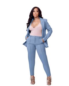 Women Pants Suits 2 Piece Outfit Deep V Neck Long Sleeve Solid Color Blazer With Pants Elegant Business Suit Set