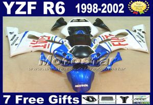 Zestaw ABS pełny owiewek dla Yamaha YZF600 YZF R6 1998 1999 2000 2001 2002 YZFR6 9802 Białe niebieskie czarne motocykl Fairings VB129290432