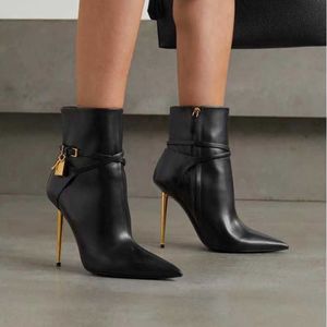 women Fashion autumn and winter womens bare boots Gold lock Buckle zipper stiletto Bootie brand design Pointed Toes short boots