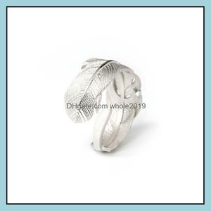Anéis de banda vintage 925 prata esterlina pena tamanho ajustável abertura moda dedo jóias para mulheres menina bijuterias atacado drop delicate otin0