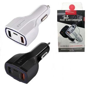 With Retail Box 3 in 1 USB Car Charger fast Charging type usbc Chargers for iPhone Pro Max and Samsung S21