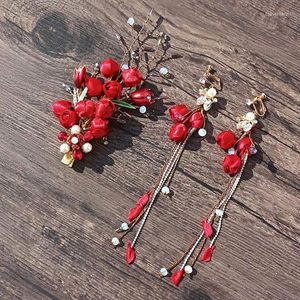 Headpieces Red Flower Barrettes Set Ear Clip Suit Wedding Woman Brides Dinner Hårdekoration Tillbehör