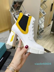 Designer Luxury Womens Brushed nylon Monolith Wiite Yellow Black lug sole platform booties leather ankle Boots