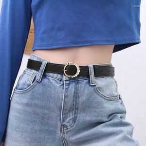 Belts Retro Solid Color PU Leather Women's Belt Fashion Round Pearl Metal Buckle Waist Wild Simple Black Jeans Decor Straps