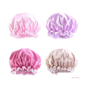Beanie/Skull Caps Solid Color Double Layer Satin Night Hat Waterproof Sleep Bath Home Headwear Hair Care Fashion Accessories For Wom Dhwvu