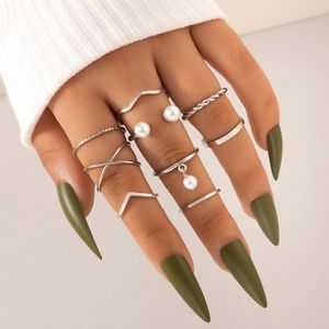 Elegant Pearl Stone Joint Ring Set for Women Charms Silver Color Hollow Geometry Party Boho Jewelry