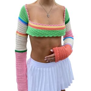 Kvinnors T-skjortor Kvinnor Summer T-shirts Splicing Crochet Square Neck Y2K L￥ng￤rmad sk￶rd Topp Stick Hollow Out Color Block Pullover Tops 2022