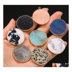 Konst och hantverk Flat Round Healing Labradorite Semiprecious Stone Charms turkosa kvartskristall h￤nge diy halsband kvinnor mode dha6z