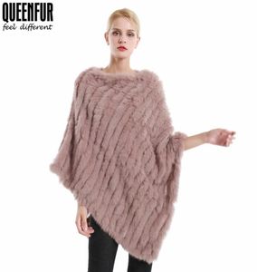 Queennfur Winter Real Fur Poncho voor vrouwen natuurlijke gebreide konijnenbont oneck sjaals mode warme cape7041319