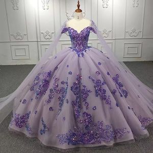 輝く紫色のQuinceaneraドレスボールスウィート16の女の子のスパンコールスパンコール用のアップリケVestidos de fiesta 15バースデーパーティードレス