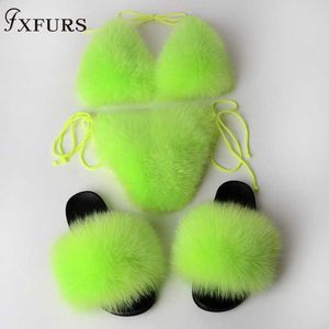 Boots Women's Real Fur Slippers Bikini Bra Summer Beach Underwear Löstagbar tjock fluffig set Flip 221215