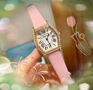 Fashion Women Tonneau Roman Dial Watch Iced Out Diamonds Ring Quartz Movement Female Gift Bling Rose Gold Silver Leather Belt Classic Generous Wristwatches gifts