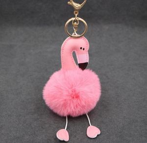 Keychains Simulation Rex Fur Pink Flamingo Key Chain Beach Bag Purse Charm Gold Ring Fluffy Ball Fashion Gift1772653