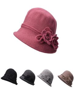 Womens Retro Wool Cloche Bucket Collapsible Soft Knit Bowler Side Two Flower Roll Brim Hats A4661044713