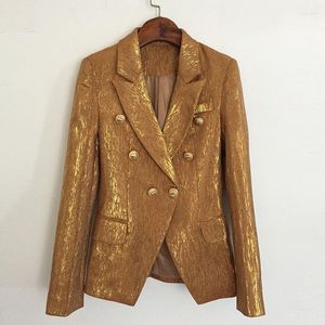 Women's Suits Fashion Designer Jacket Women Lion Metal Buttons Double Breasted Slim Fitting Shimmer Gold Blazer Y1187