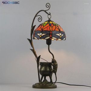 Lampy stołowe Bochsbc Tiffany w stylu witraże czerwony Dragonfly niebieski odcień lampa dekoracyjna lampa myszy rama zbiornika oleju kolorowe światła biurka