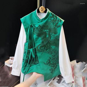 Women's Vests Green Chinese Stand Collar Vest Jacket Women's 2022 Spring Design Irregular Belt Retro Embroidered Lady Top S-XXL