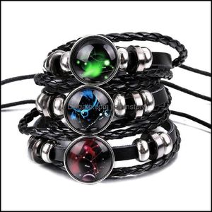 Charm Armbänder Mode Hoop Nachtlicht 12 Konstellation Tierkreiszeichen Retro Leder Seil Armband Herrenschmuck Männer Drop Lieferung Jude OT7C1