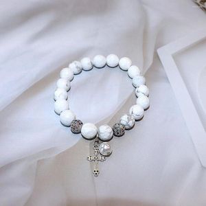 Pulsera de piedra natural con cuentas turquesas góticas para regalo de Navidad exquisitas cuentas de perlas de agua dulce brazalete colgante con abalorio cruzado