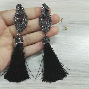 Dangle Earrings Bohemia Black Crystal Rhinestone Pave Setting Charms Connector Silk Fabric Tassel Long Drop Earring For Women