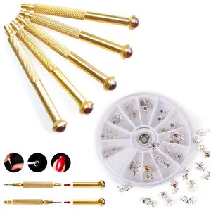 5PCS Pack Nail Art Piercing Hand Drill Tool Tips Dangle Pierce 12 styles Beautiful Rhinestones Dangles for Nail Art tips Decoratio273c