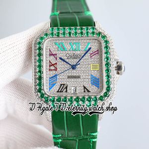 TWF tw0009 M8215 Automatic Mens Watch 40MM Green Iced Out Big Diamond Bezel Paved Diamonds Dial Colour Roman Markers Leather Strap Super Edition eternity Watches