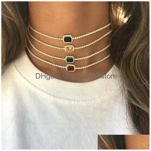 Ожерелья с подвесками Iced Out Tennis Chains Choker Luxury Gold Sier Fashion Pink Yellow Bling Горный хрусталь Воротник Ожерелье Ювелирные изделия для вечеринок Dhzgr