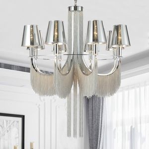 Avizeler Modern Kaplama Alüminyum Tassel E14 LED Avize Oturma Odası Parlak Pvc Tonları Zincir Asma Aydınlatma Armatürleri