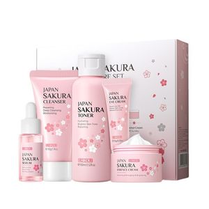 Sakura Set per la cura della pelle Controllo dell'olio Detergente viso Nutriente Siero viso Crema per il viso Dissolvenza Cerchi scuri Crema per gli occhi Prodotti per la cura del viso 5 pezzi / set