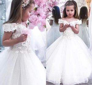 Девушка платья белое кружевное платье с цветочным платьем с плеча цветочные аппликации бусинки принцесса маленькая девочка.