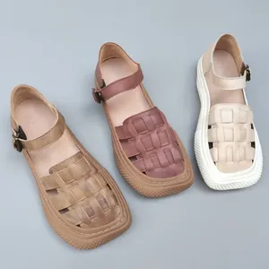 Saf el yapımı ayakkabılar dokuma sandalet platformu kadın daireler gevşek deri basit yumuşak kaymaz vintage iplik dikiş 35-41