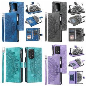 Multifunction Leather Wallet Cases For Samsung S23 Ultra S22 Plus S21 FE S20 A04 4G A14 5G A53 A33 A32 A22 A13 A12 Totem Lace Flower Zipper Cash Card Slot Holder Flip Cover