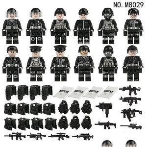 Vehicle Toys 24Pcs/Set Kit City Black Swat Police Building Block Man Suit Boy Role Game Props Shield Dogs Small Bricks Drop Delivery Dhojf
