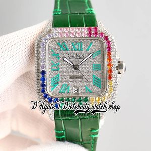 TWF TW0048 M8215 Automatisk herrklocka 40mm f￤rg isad ut stor diamant Bezel asfalterade diamanter Dial Green Roman Markers Leather Strap Super Edition Eternity Watches