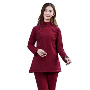 Tute da donna Inverno Cotone Lino Kungfu Abito Seduto Abbigliamento da meditazione Allentato Recluso Uniforme da tè Donna Imbottito in cotone migliorato Spessa Hanfu