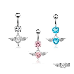 Navel Bell Button Rings Angel Wings Heart Ring Zircon Sexy Long Belly Piercing Surgical Women Jewelry Drop Delivery Body Oteim