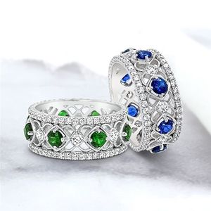 An￩is de casamento artesanais J￳ias de moda vintage 925 Sterling Silver Round Cut Emerald CZ Diamond Gemtones Party Eternity Women Engagement Band Ring Gift