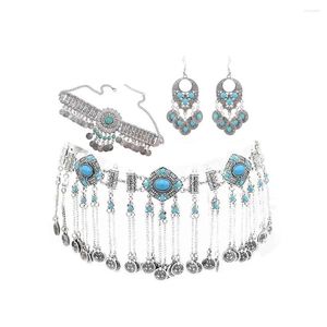 Necklace Earrings Set Vintage Afghan Metal Coin Belly Chains For Women Boho Blue Stone Bridal Wedding Party Jewelry