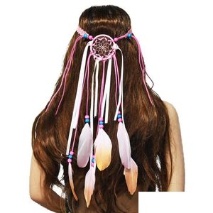 Fermagli per capelli Barrettes Gypsy Bohemian White Pink Feather Headband Copricapo etnico Gioielli Donna Copricapo Perline in resina Accessori D Dhkrt