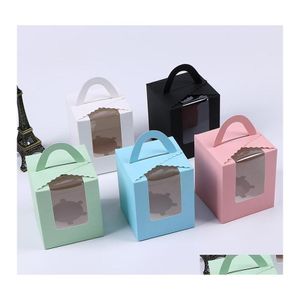 Cupcake Single Boxes With Clear Window Handle Portable Aron Box Mousse Cake Snack Paper Package Birthday Party Supply Drop Delivery Dhfr9