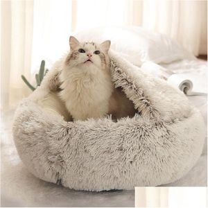 Dog Houses Kennels Accessories Round Cat Bed House Cozy Mat Warm Pet Basket Kennel Soft Long Plush Cushion For Small Nest Slee Sof Dhgor