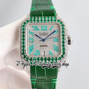 TWF TW0009 M8215 Automatische Herren Watch 40 mm grün vereisen Big Diamond Lünette gepflasterte Diamanten Zifferblatt Römische Marker Lederband 2022 Super Edition Eternity Uhren