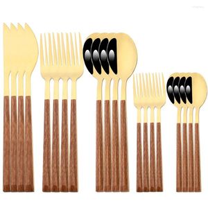 Dinnerware Sets Drmfiy Gold Cutlery Stainless Steel Set 20Pcs Imitation Wooden Dinner Knife Fork Spoon Silverware Tableware Gift