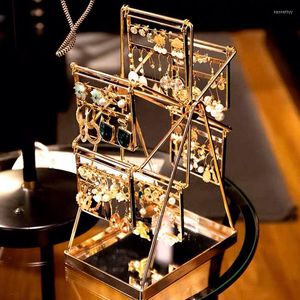 Jewelry Pouches Ferris Wheel Display Racks Stands Gold Color Metal Rolling Whirling Earring Organizer Storage Holder