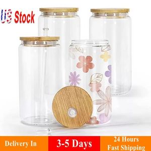 US Warehouse 16oz Sublimation Glass Tumblers Beer Frosted Drinking Clear Cans With Bamboo Lid And Reusable Straws 2 Days Delivery tt1216