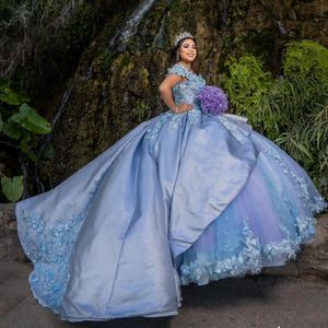 Light Blue Quinceanera Dress Ball Gown Appliques 3D Flowers Lace Off The Shoulder Luxury Gowns Sweet 16 Vestidos De Fiesta