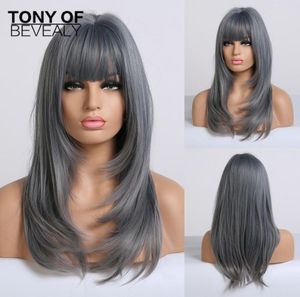 Long Wavy Ombre Blue Wigs Heat Resistant Synthetic Wigs With Bangs For African American Women Coaplay Natural Hair4209240