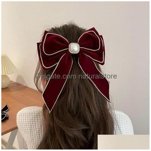 Hair Clips Barrettes Fashion Retro Pearl Cloth Bow Knot Sweet Temperament Ribbon Hairpin Large Back Brain Spring Clip Womens Metal Dhbps