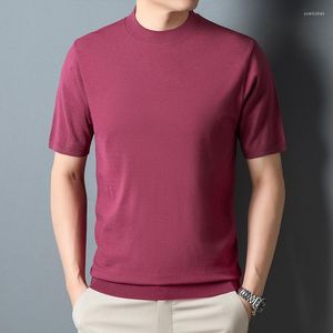 Blusas masculinas de alta qualidade malha malha tops outono mock mock pescoço de manga curta malha masculino slim pura colorir camisetas